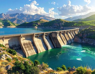 Majestic concrete dam stands tall over a tranquil reservoir, nestled amidst a lush mountain landscape.