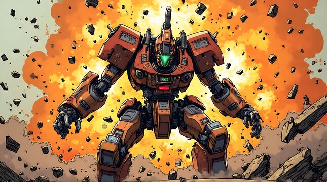 Powerful Orange Mecha Engaged in Explosive Futuristic Combat