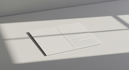 A realistic photo mockup of a blank white postcard with natural sunlight and diagonal shadow for branding and design presentation