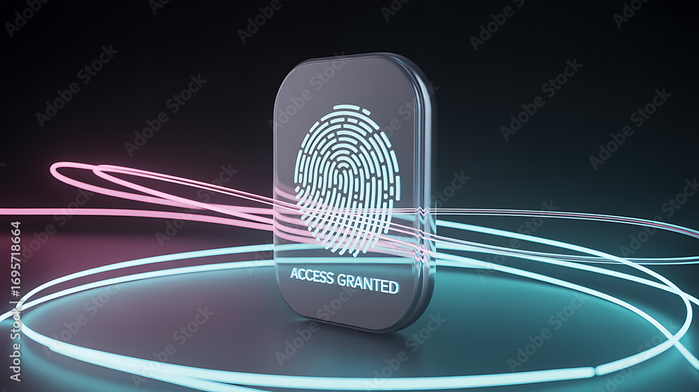 Poster fingerprint scanner with acesgranted text and glowing light trails biometric