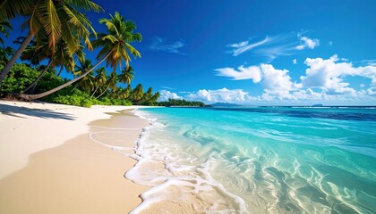 Tropical Paradise: Idyllic Beach Scene with Palm Trees and Azure Waters
