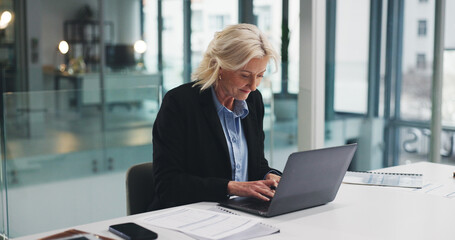 Business, woman and typing on laptop in office for investment report, draft or planning. Portfolio...