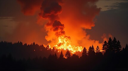 Fototapeta premium Huge Wildfire Engulfs Pine Forest, Creating Fiery Sky and Billowing Smoke