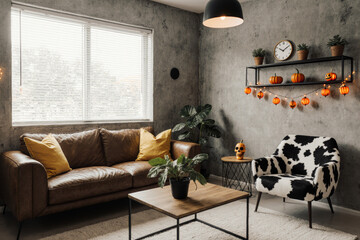 Cozy living room setup: brown leather sofa, yellow pillows, cowhide armchair, wooden coffee table, potted plants, Halloween decor.