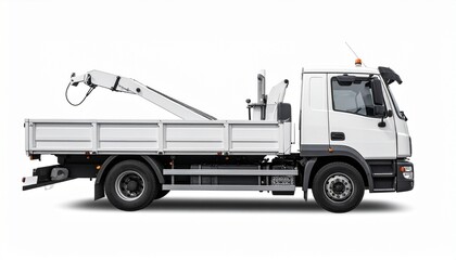 Cab-over white flatbed truck with hydraulic arm, built for lifting and towing in utility and construction settings.