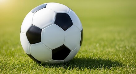Fototapeta premium Classic black and white soccer ball resting on vibrant green grass field, perfect for illustrating sports, recreation, and outdoor activities.