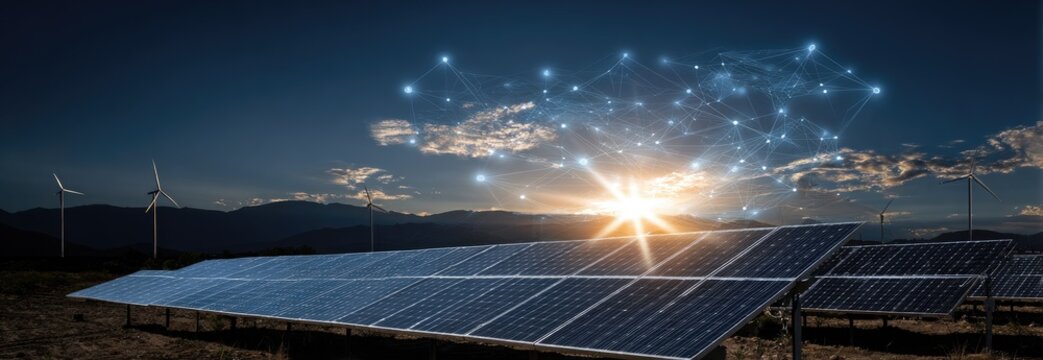 Rows of solar panels under a sunset sky with wind turbines in the background, overlaid with a network graphic