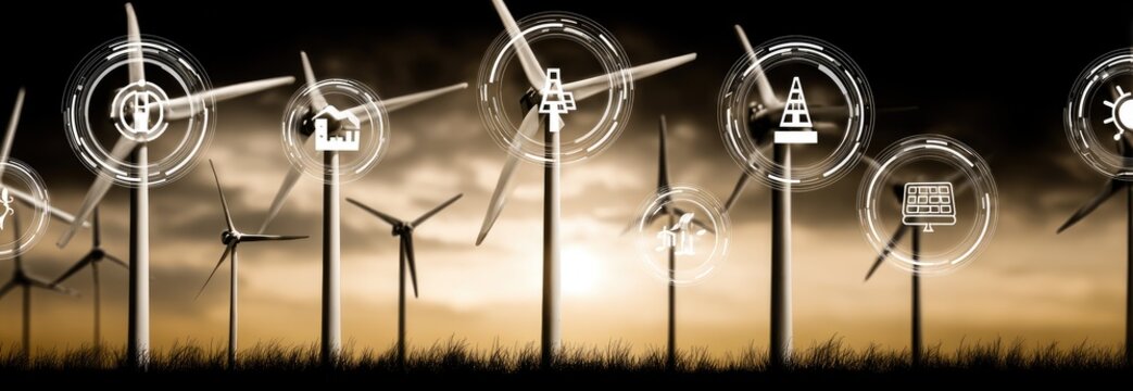 Wind turbines with glowing interface elements at sunset