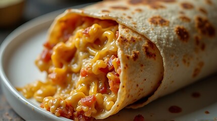 Warm Mac and Cheese Burrito with Diced Tomatoes on a Plate