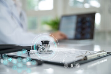 Medical technology or telehealth or telemedicine concept. Medicine Doctor or Physician are Health Check with digital system support for patient with medical icon.