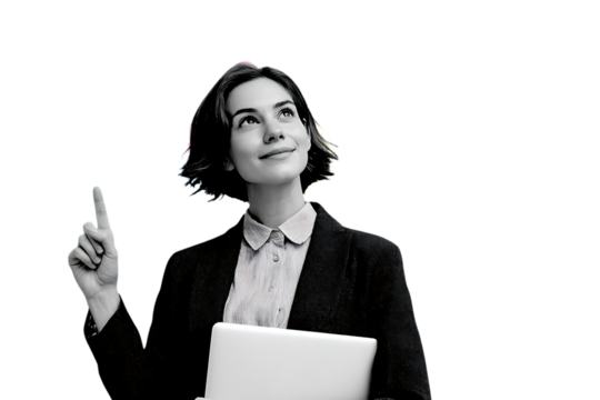 Businesswoman with laptop has a bright idea, pointing up on black background.