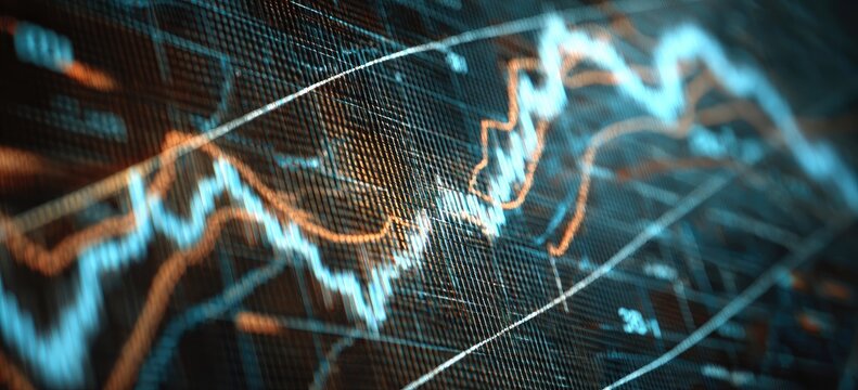 Close-up view of a digital stock market chart, showing fluctuating lines of orange and cyan colors, overlaid on a dark, gridded background - Powered by Adobe