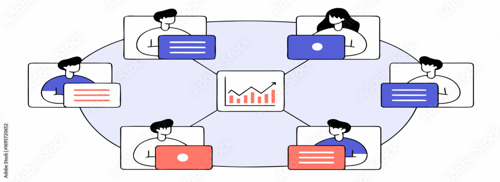 Poster illustration of a remote team collaborating through laptops with data analysis graphics, creating a 