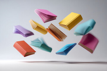 
Colorful hardcover books flying on white background
