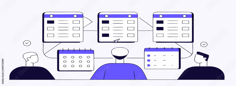 Poster illustration of individuals analyzing data displayed on digital screens, with a focus on collaborati
