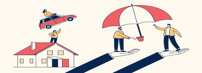 Illustration depicting business risk management with visual metaphors of insurance safeguards.