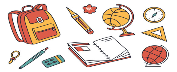 Illustration of school supplies including a backpack, globe, and stationery items arranged in a playful layout.