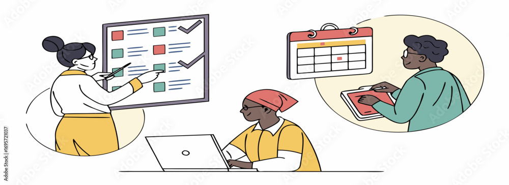 Aufkleber illustration of a diverse team collaborating on project management with charts and calendars.