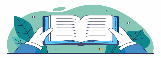 Hands holding an open book surrounded by leafy decoration, conveying knowledge and nature.