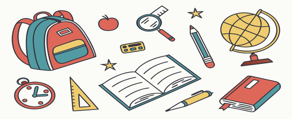 Colorful school supplies and study materials arranged artfully, emphasizing education and learning themes.