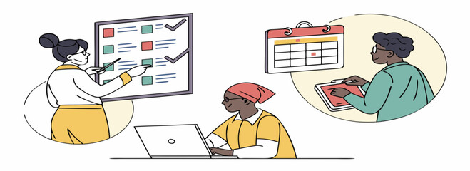 Illustration of a diverse team collaborating on project management with charts and calendars.