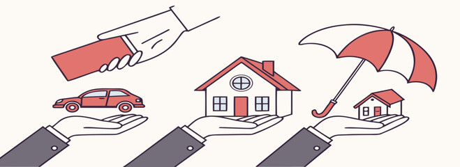 Illustration of various insurance types represented by hands holding a vehicle, a home, and an umbrella with a smaller house, emphasizing protection and financial security.