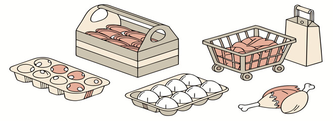 Illustration of various poultry products including chicken legs, whole chickens, and eggs in cartons.