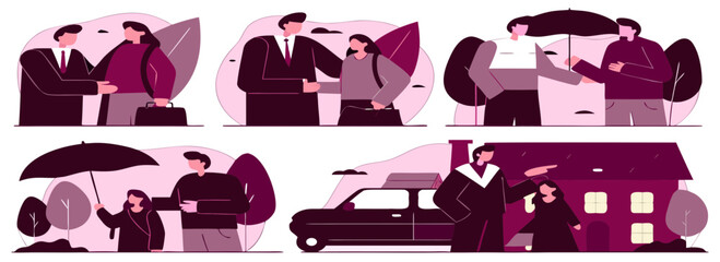 A set of illustrations depicting professional interactions and communication between business professionals, showcasing themes of collaboration and connection.