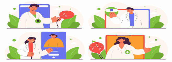 Illustrations of healthcare professionals engaging in various activities, featuring diverse individuals and colorful backgrounds.