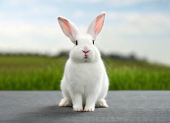 Obraz premium Adorable baby rabbit on grass background ai generated image 