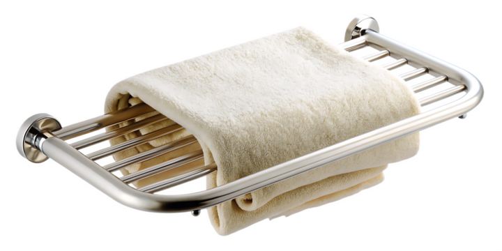 Cream hand towel on silver bathroom rack isolated on a transparent background beige