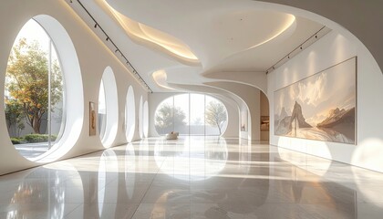 A spacious, modern gallery hall boasts flowing curves and large arched windows, bathed in natural light.