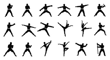various martial arts poses demonstrated by silhouetted figures