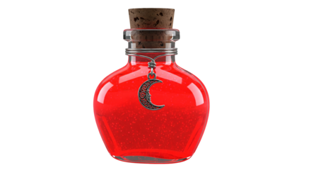 Red potion bottle with moon charm for magic or witchcraft