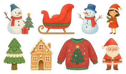 PNG Charming festive holiday illustrations, element set on transparent background