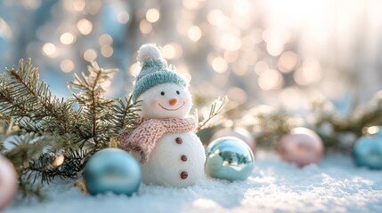 Winter holiday christmas background banner - Closeup of cute funny laughing snowman with wool hat and scarf, on snowy snow snowscape with christmas baubles and bokeh lights