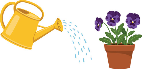 a yellow watering can nurturing vibrant purple flowers