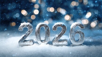 Silver glitter numbers 2026 surrounded by snowflakes and a festive bokeh background celebrating the New Year