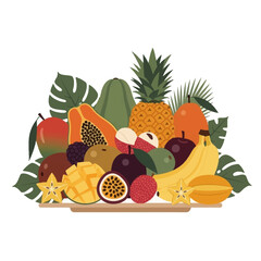 A vibrant and colorful illustration showcasing a diverse assortment of fresh tropical fruits, artfully arranged.