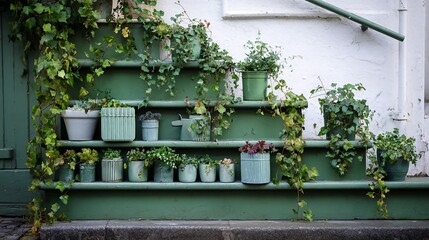 A collection of potted plants and climbing ivy arranged on green painted outdoor steps.