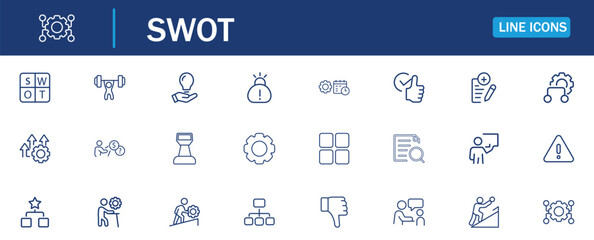 SWOT analysis line editable icon set. Featuring Meaning strengths, weaknesses, opportunities, and threats. Containing advantage, disadvantage, strategy, consulting, identify, project. Linear vector.