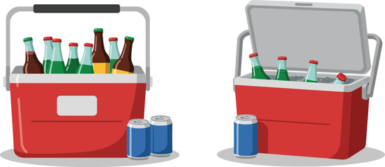 a red cooler filled with drinks and ice