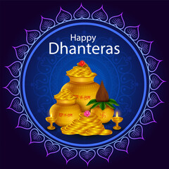 Gold Kalash with decorated diya for Happy Dhanteras Diwali festival holiday celebration of India greeting background