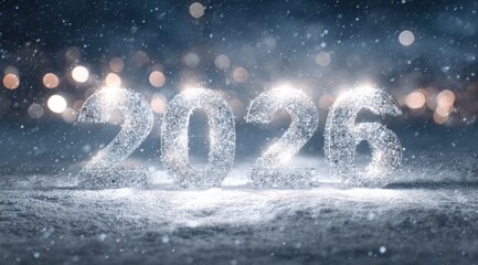 Sparkling 2026 numeral display illuminated in snow during winter festivities at night