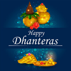 Gold Kalash with decorated diya for Happy Dhanteras Diwali festival holiday celebration of India greeting background
