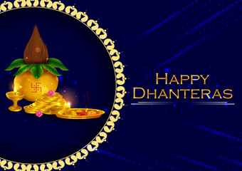 Gold Kalash with decorated diya for Happy Dhanteras Diwali festival holiday celebration of India greeting background