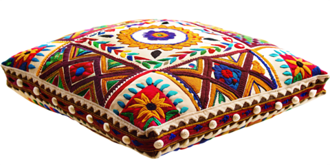 Embroidered square cushion with colorful geometric patterns isolated on a transparent background