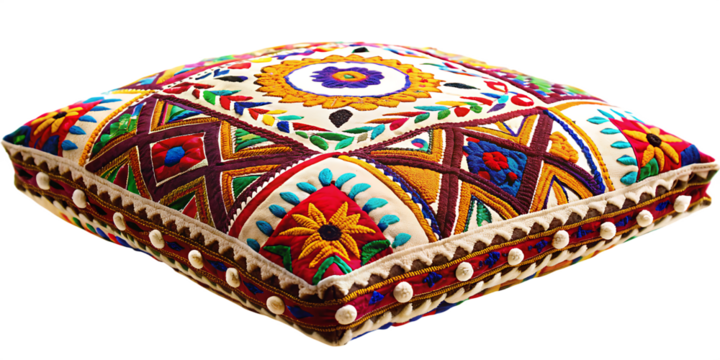 Embroidered square cushion with colorful geometric patterns isolated on a transparent background