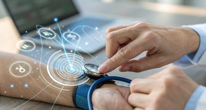 Doctor using stethoscope on patient's wrist with digital health interface overlaying the scene