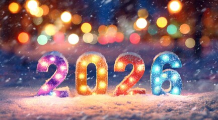 Celebration of the New Year 2026 with colorful illuminated numbers in a snowy landscape during a festive night